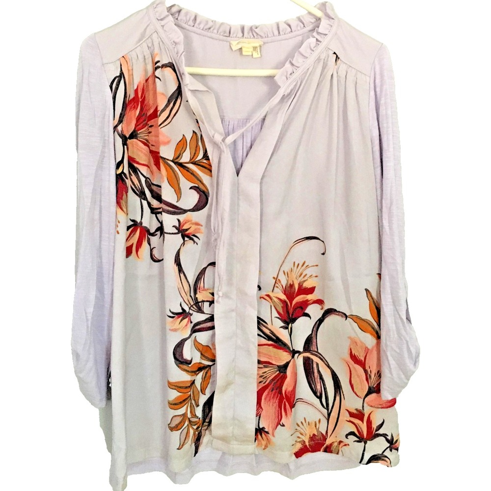 Meadow Rue Shirt Womens Small‎ Lavender Floral Ruffle Tie Neck Boho Blouse Top